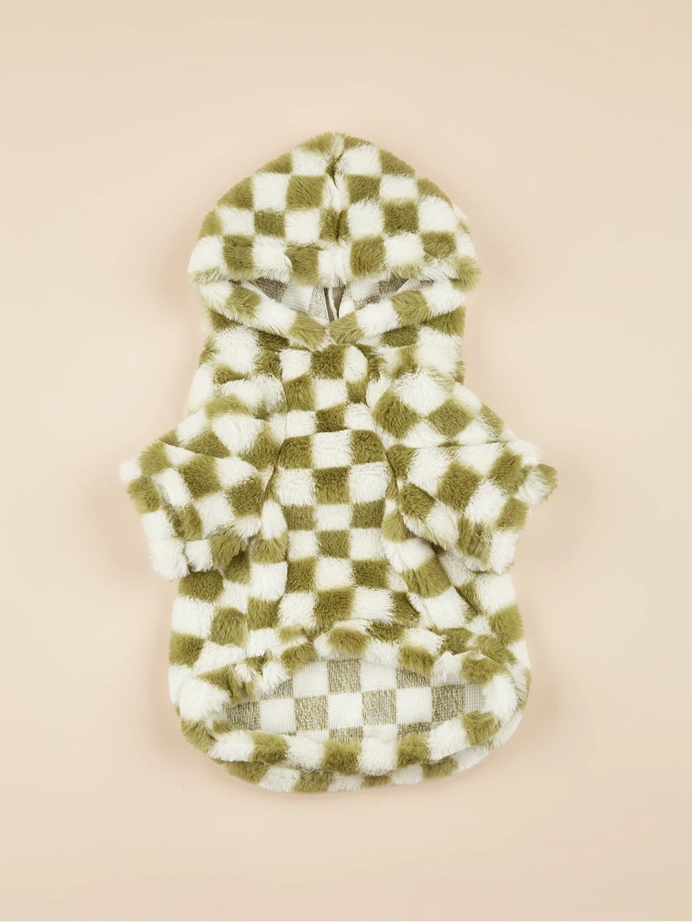 Sage Green & White Plush Checkered Fleece Dog Hoodie Coat - XS